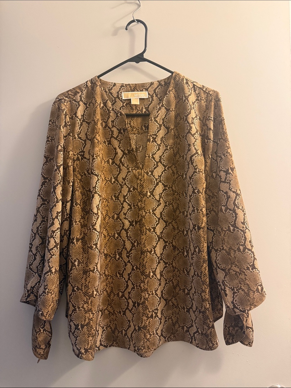 MICHAEL Michael Kors Snake-Print V-Neck Blouse in Brown and Beige